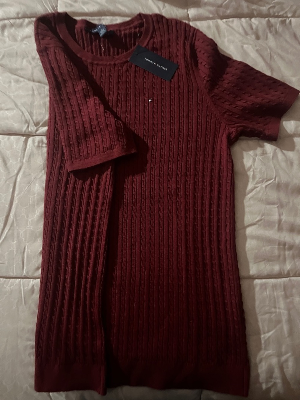 Tommy Hilfiger Cable Knit Short Sleeve Top - Wine